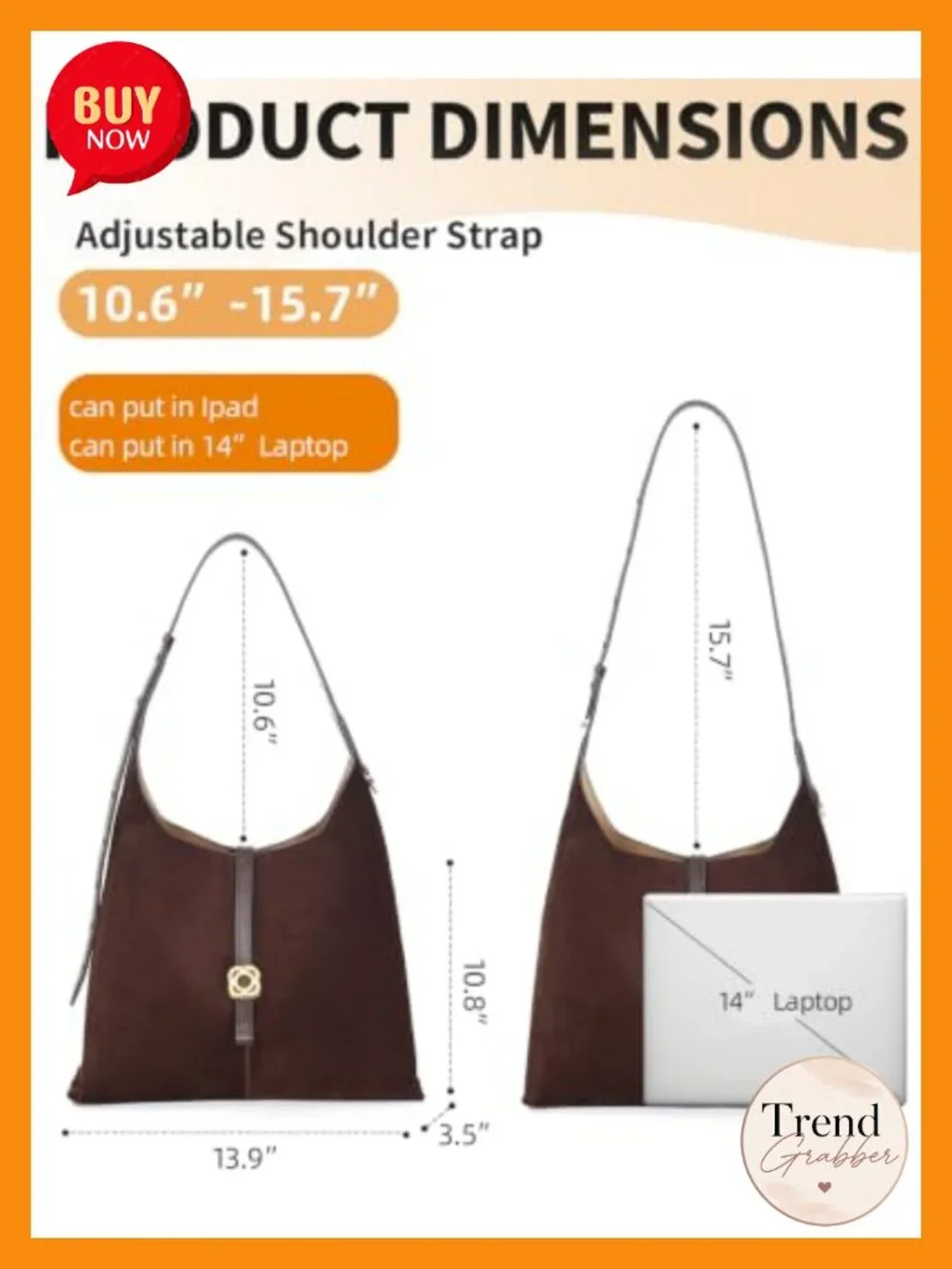 Faux Suede Hobo Shoulder Bag Tote Adjustable Strap Medium